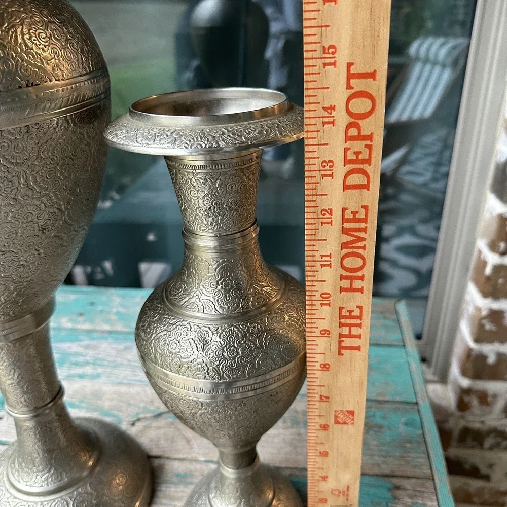 VTG Ornate Vases India Persian Middle‎ East Nickel Brass 14-24 Inch Two Item Set